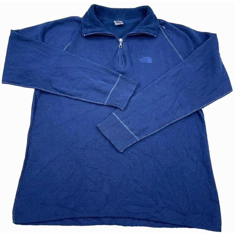 North Face Sweater Men XL Blue Pullover Quarter Zip Wool Acrylic Knit Navy Lined